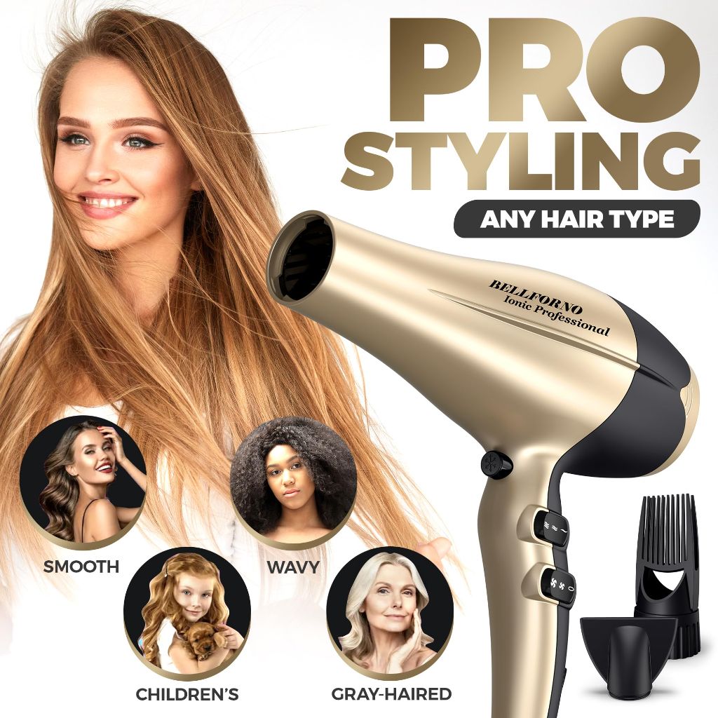 BELLFORNO - 2200W High-Power Hair Dryer - Ionic Ceramic Tourmaline Technology