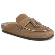 Yellhum Faux Suede Mules for Women Tassel Flat Loafers Comfort Clog Mules Slip on Round Toe Casual Boat Slippers Shoes Tan
