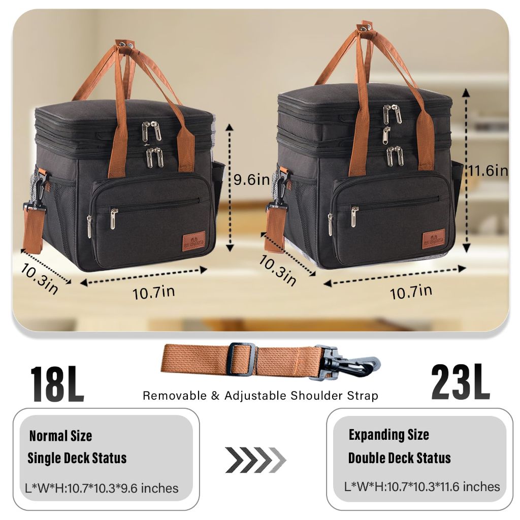 Lunch Box with Ice Pack, 2*Reusable Storage Bags, Expandable Double Deck (Black)