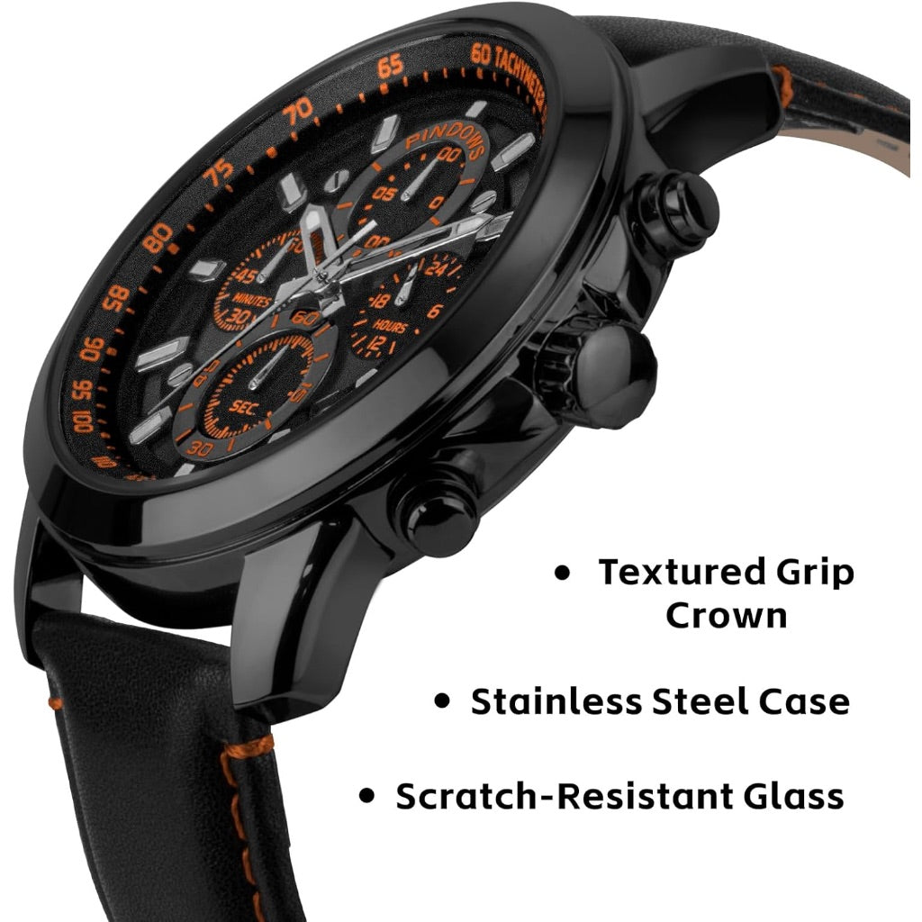 PINDOWS Men's Analog Quartz Chronograph Watch - Black Dial, Brown Leather Strap