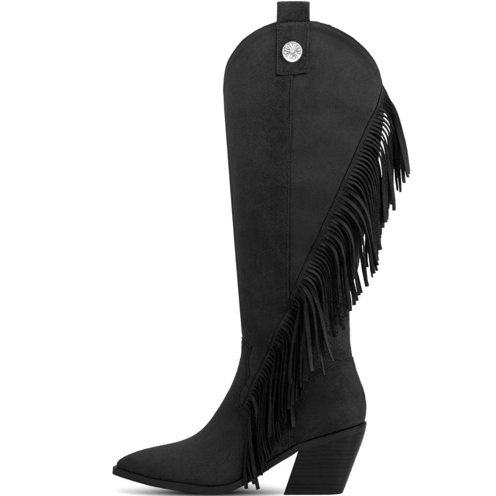 LOHEK Women's Knee-High Fringe Cowboy Boots - Black Suede, Size 10