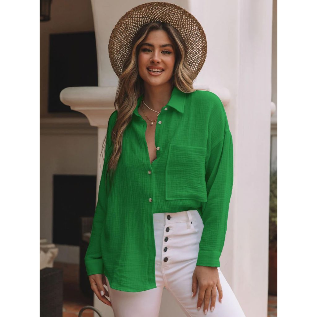 Siliteelon Women's Long Sleeve Button Down Shirts Cotton - Kelly Green, S