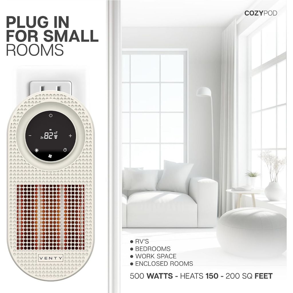 Venty CozyPod 500W Portable Plug-In Heater w/Case, LED Display, & Remote Control - White