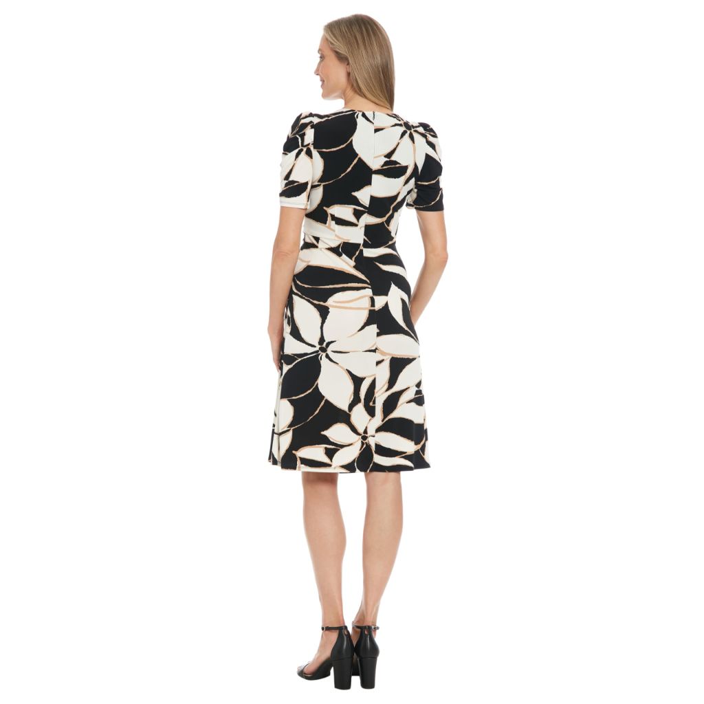 London Times Women's Dresses Women's Knee-Length Fitted Dress with Puff Sleeves Black/Tan, 14P