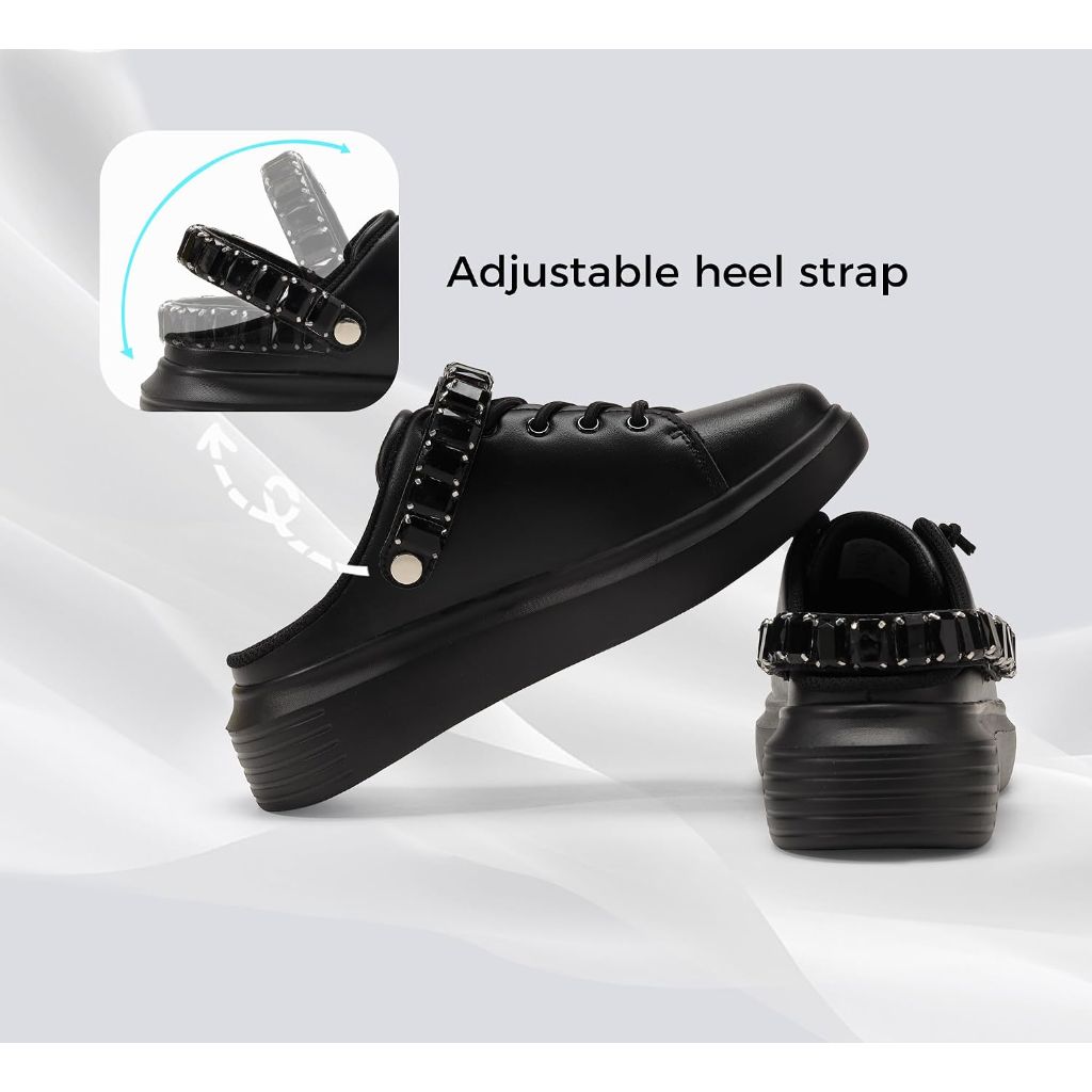 LUCKY STEP Women's Rhinestone Mule Shoes - Slip On Casual Sneakers with Adjustable Hook and Loop Closure, Size 7