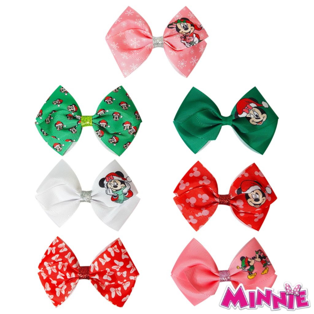 Luv Her Disney Licensed Girls Hair Bows - 7 Pcs 4 Inch Bundle - Disney Christmas featuring Minnie and Mickey - Ages 3+