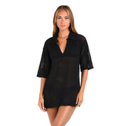 Sunshine 79 Women's Short Sleeve Tunic Cover Up Dress, Black//Resort Crochet Covers, Large