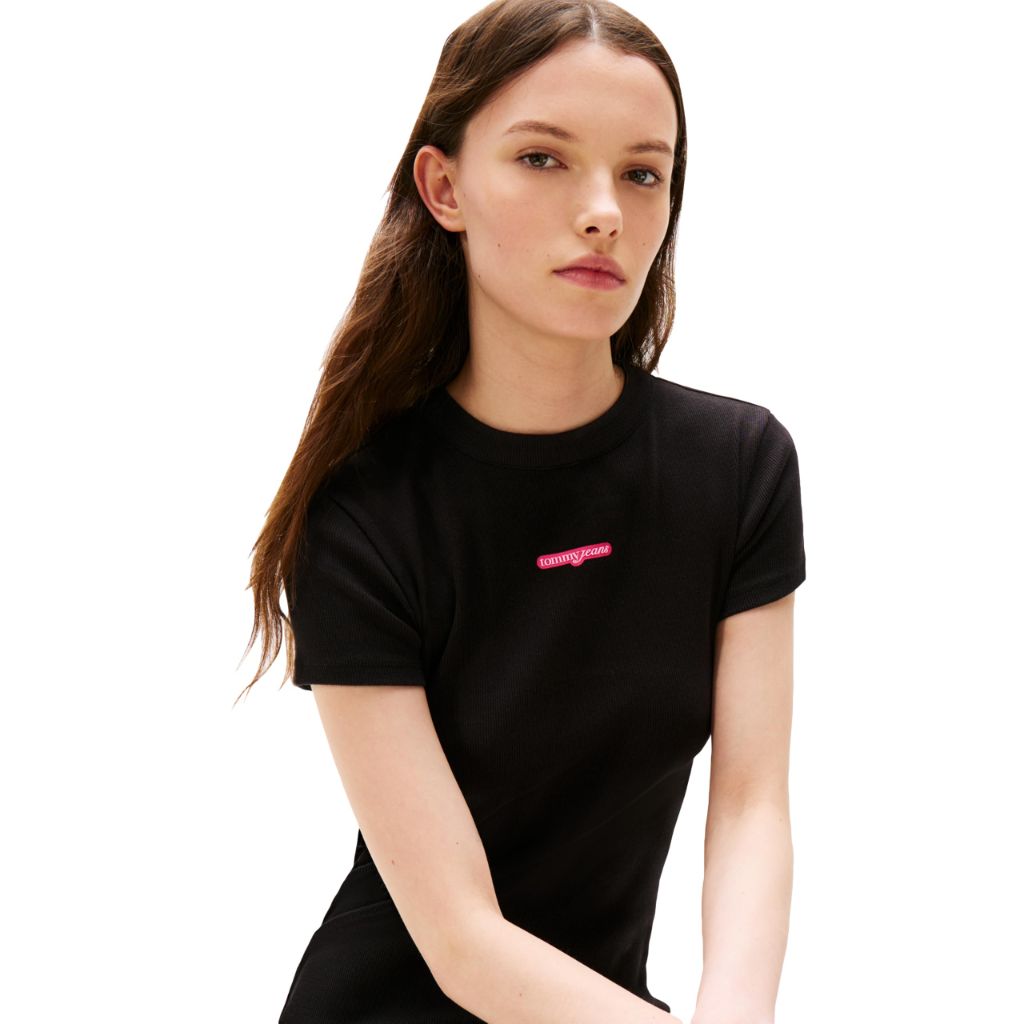 Tommy Jeans Women's Short Sleeve Ribbed Mini Dress with Logo Detail, Black