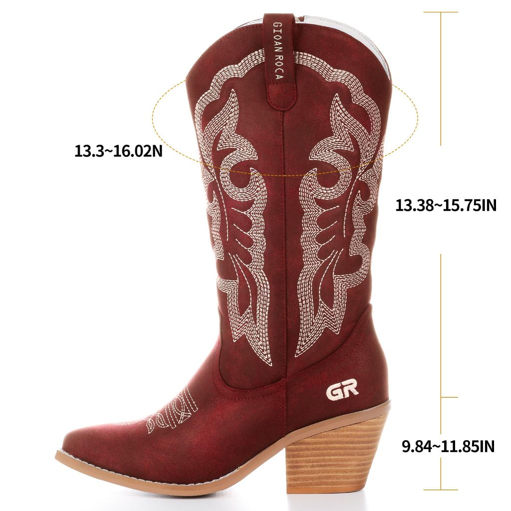 SZ 10, Gioanroca Women's Cowboy Boots Mid Calf Embroidered Stitched Cowgirl Boots | Red