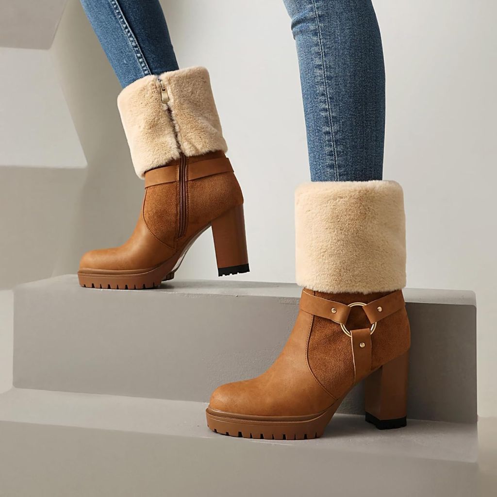 UTIKLIOU Women's Ankle Platform Boots, Brown, SZ 7.5