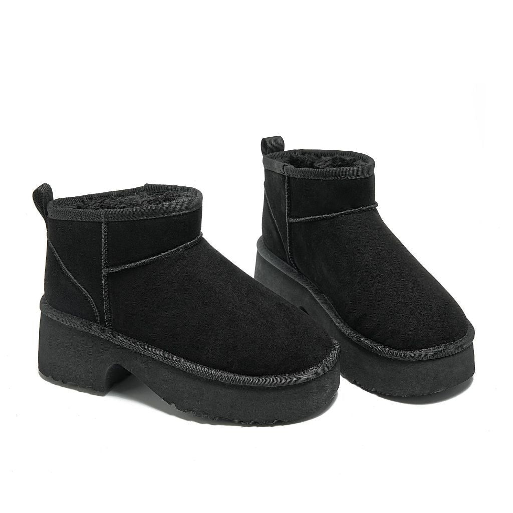 Mishansha Platform Mini Boots for Women, Cozy Fur Lined Ankle Booties, Warm Suede Look Winter Snow Boots Black 10