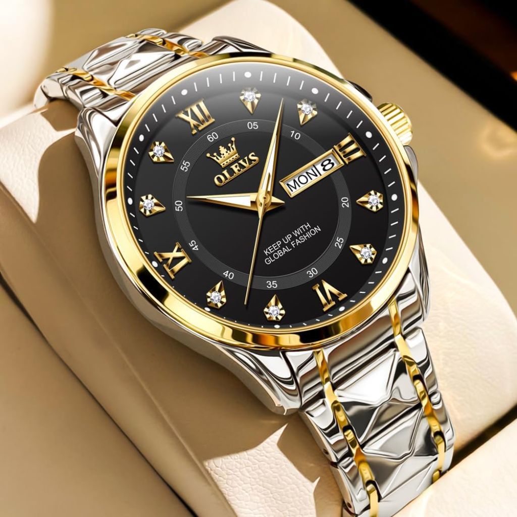OLEVS Men's Luxury Stainless Steel Dress Watch - Silver/Gold Two-Tone, Black Dial