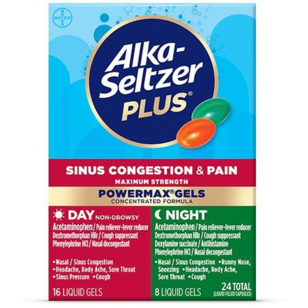 Alka-Seltzer Plus Max Strength Sinus Congestion & Pain Powermax Gels Day + Night - 24 Gels (16 Day, 8 Night)