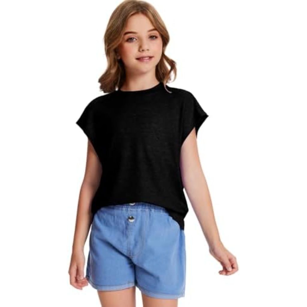 Girls Oversized Cap Sleeve Crew Neck T-Shirt - Black, Size 9/10 Years