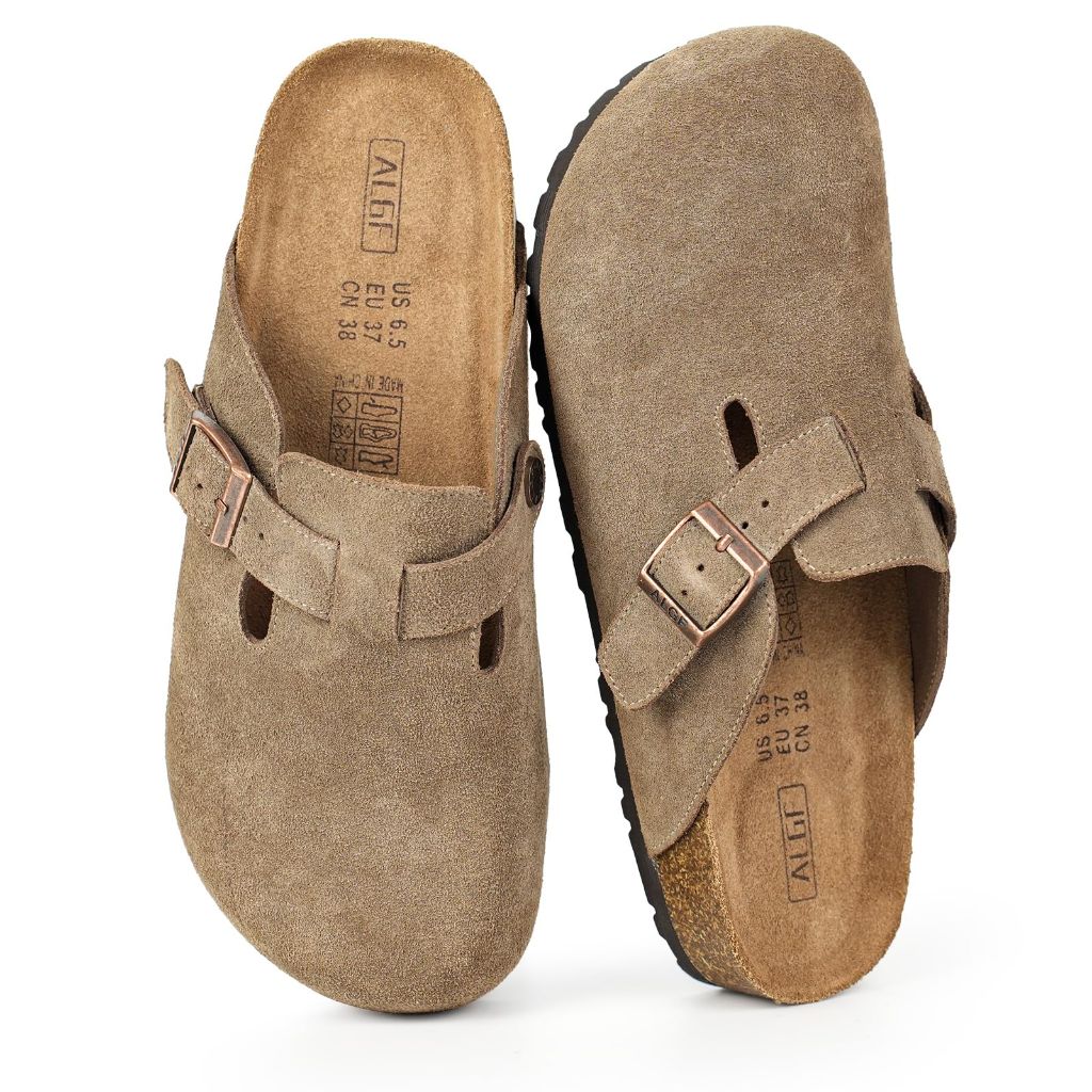 ALGF Women’s Genuine Suede Clogs for Women Slip-On Buckle Slides Women's Mules & Clogs Natural Rubber Cork Footbed Sandals Potato Shoes with Arch Support