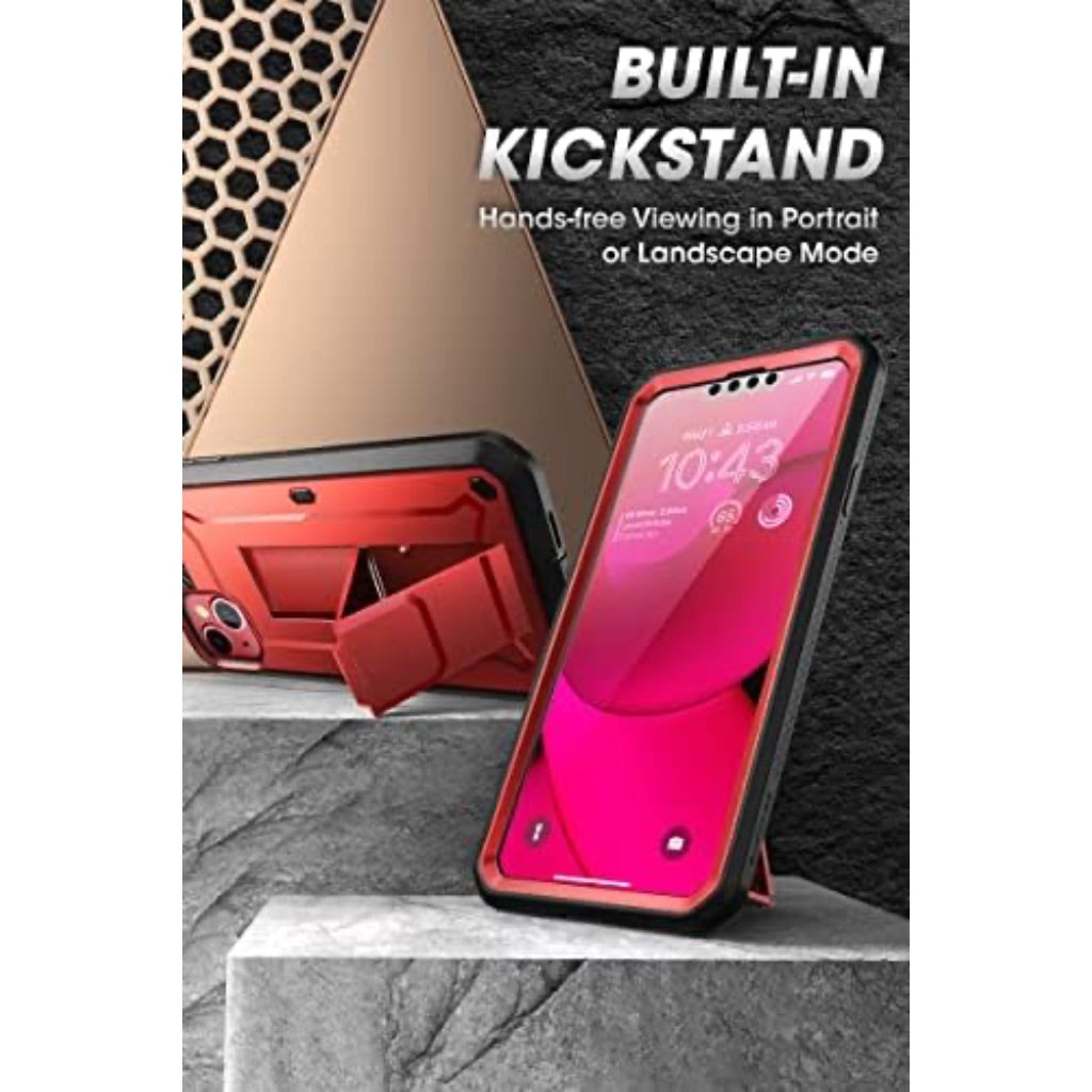 Supcase Heavy Duty Rugged Phone Case for iPhone 14 Plus - Built-In Screen Protector, Stand, Belt Clip - Ruddy Red