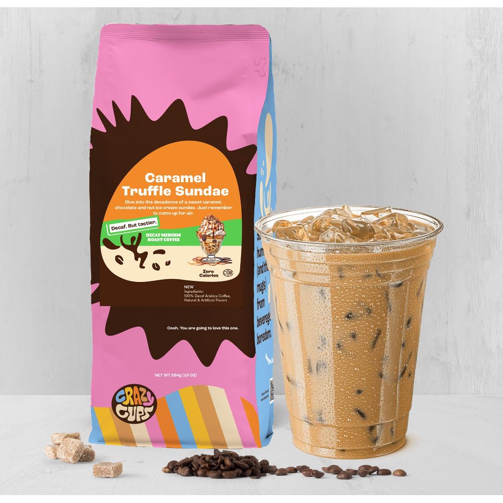 Crazy Cups Decaf Flavored Ground Coffee, Decaffeinated Caramel Truffle Sundae Coffee, For Brewing Flavored 10oz