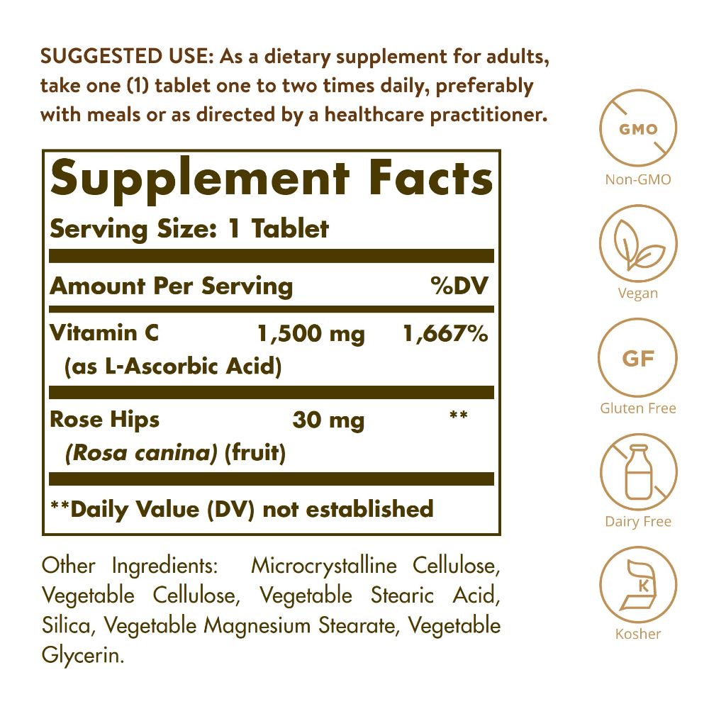 Solgar Vitamin C 1500 mg with Rose HIPS, 180 Tablets - Antioxidant & Immune Support  180 Servings