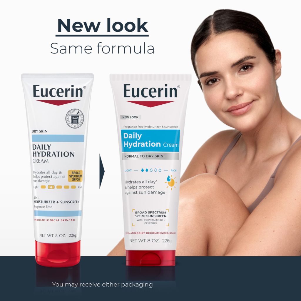 Eucerin Daily Hydration Broad Spectrum SPF 30 Sunscreen Body Cream for Dry Skin, Fragrance Free, 8 Oz Tube