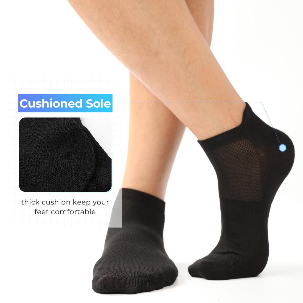 BAMBOO COOL Men's Athletic Heel Tab Cushioned Ankle Socks - Black, Medium (8 Pairs)
