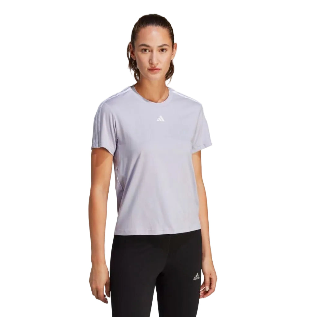 adidas Women's AEROREADY Training Essentials Regular 3-Stripes T-Shirt - Silver Dawn/White, Large