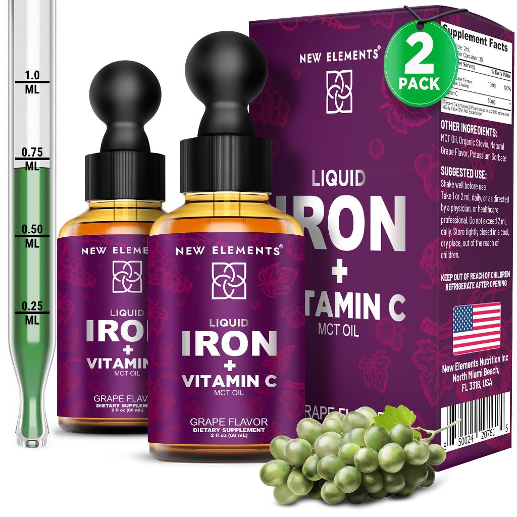 New Elements Liquid Iron (18mg) Supplement with Vitamin C (50mg) - Grape, 2 fl. oz. (Twin Pack)