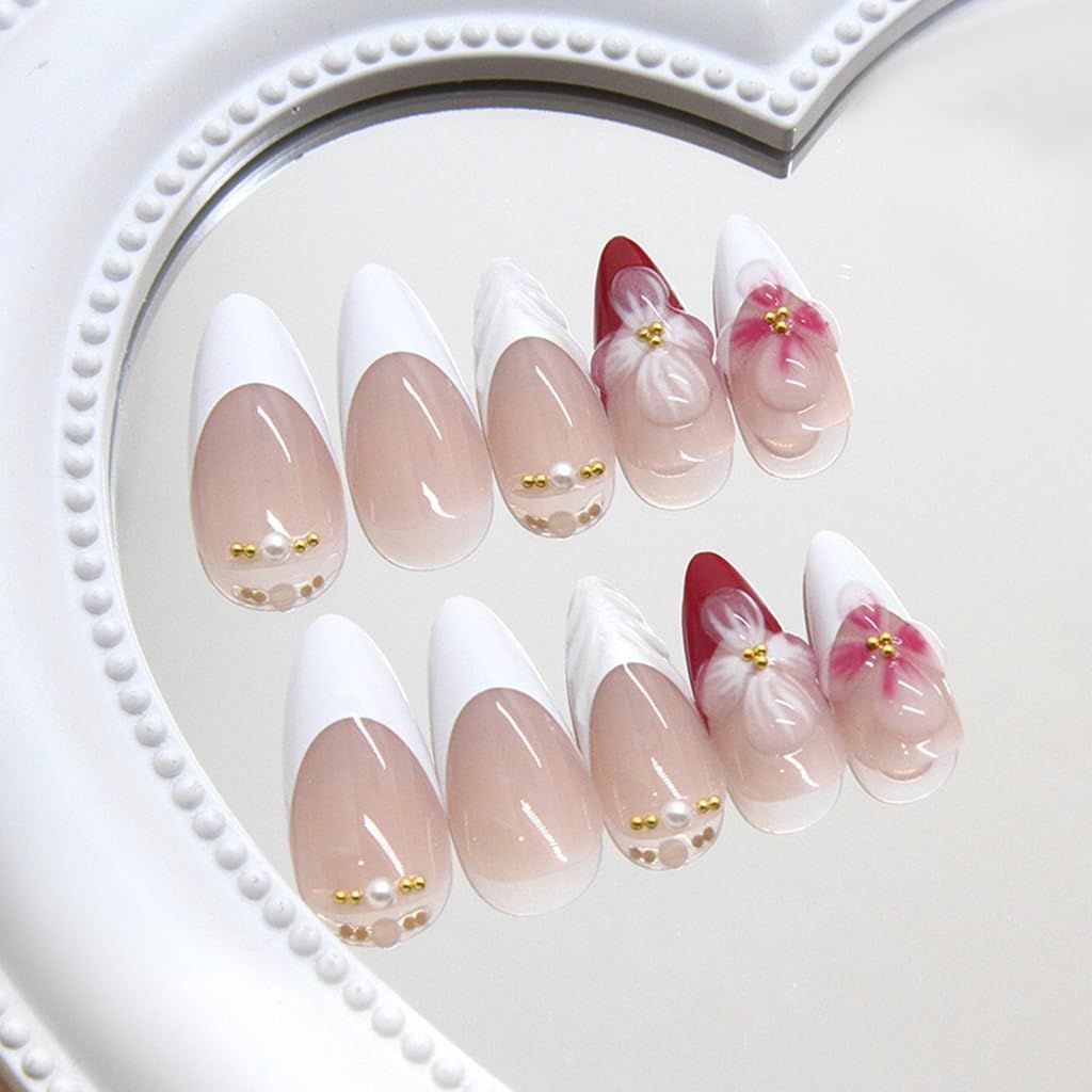 Almond French Tip Press on Nails - White Medium with Pink Flower Design, Pearl Full Cover Stick On, Ombre Fake Nails - 24pcs
