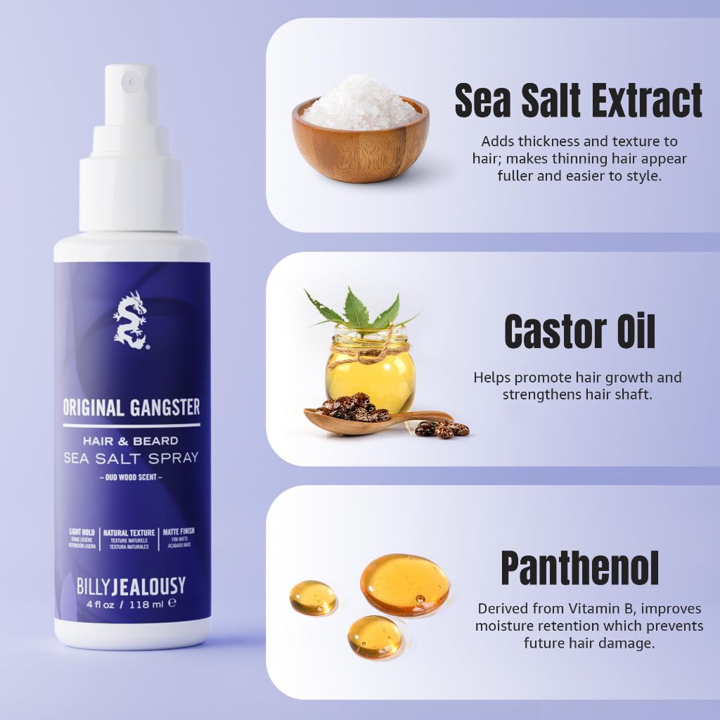 Billy Jealousy Sea Salt Spray,  Oud Wood Scent, Original Gangster, 4 fl. oz.