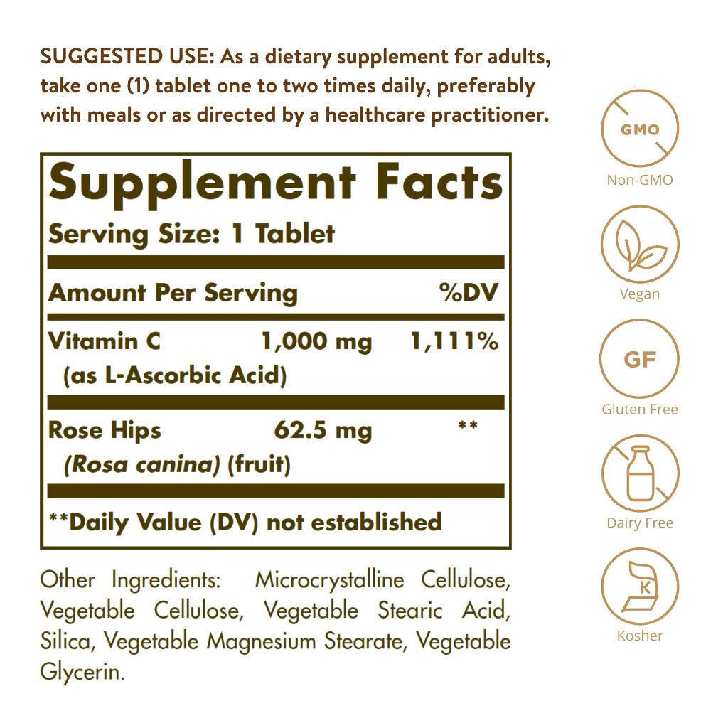 Solgar Vitamin C 1000 mg with Rose HIPS, 250 Tablets - Antioxidant & Immune Support ,250 Servings