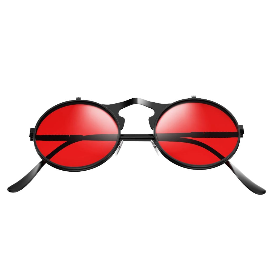 Yvey Unisex Retro 80s/90s Flip-Up Round Sunglasses Steampunk Rave Shades with Double Lenses (Black Frame/Red Lens)
