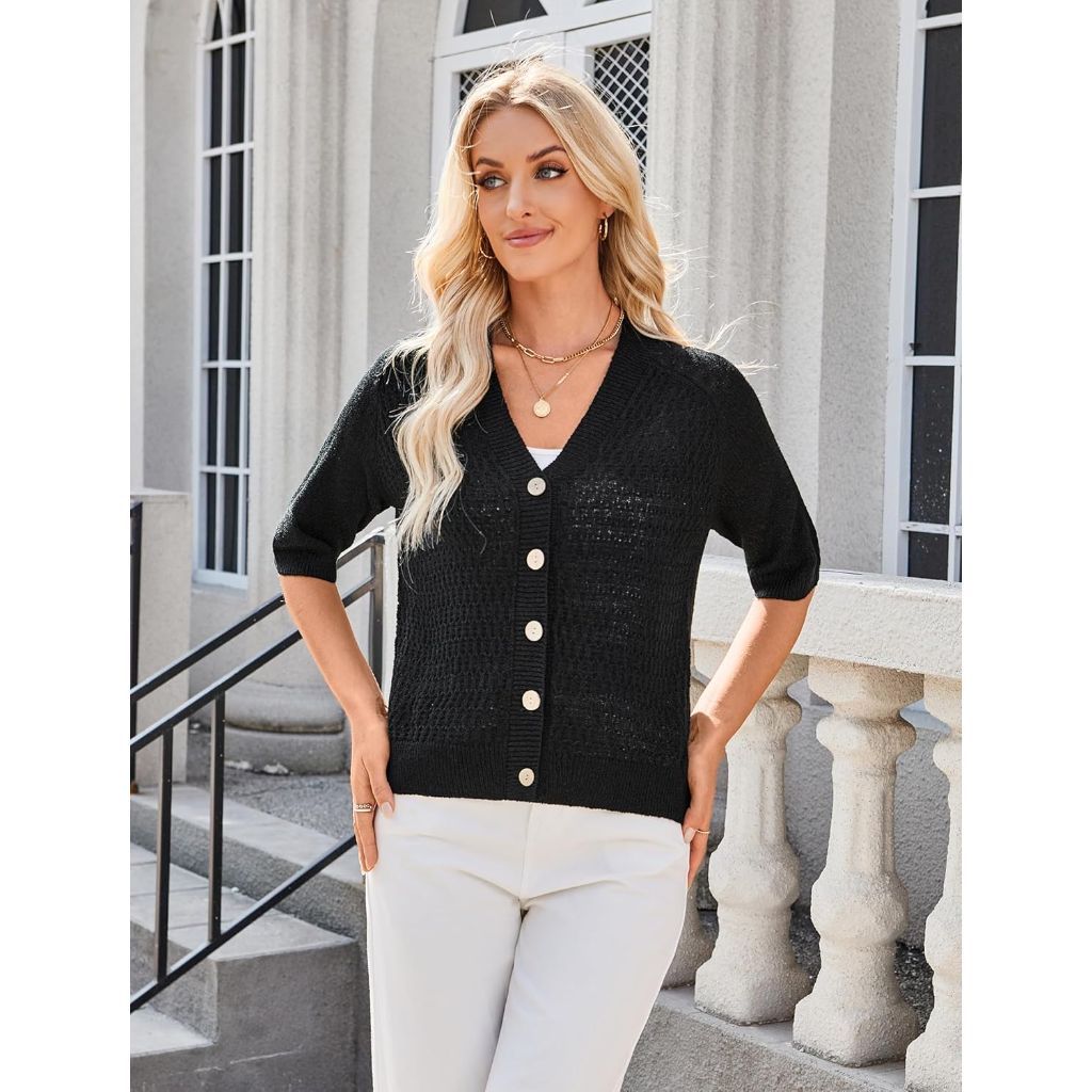 Arach&Cloz Womens Lightweight Cardigan Short Sleeve Shrugs Button Crochet Knit Fashion Sweaters Tops Cozy Clouds