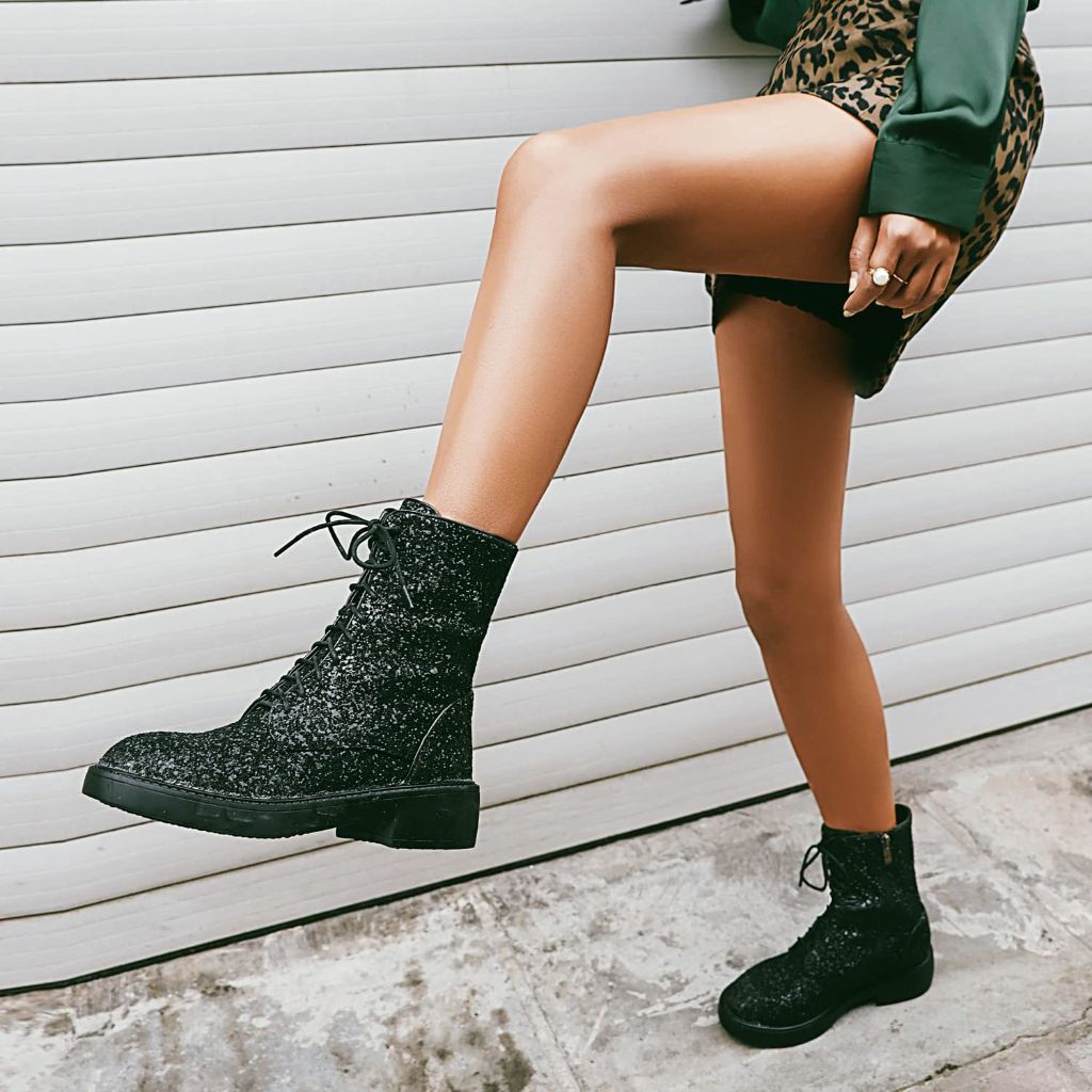 YIYA Women's Black Sparkly Glitter Sequin Combat Boots Round Toe Chunky Low Heel Side Zipper Lace Up Ankle Flat Booties