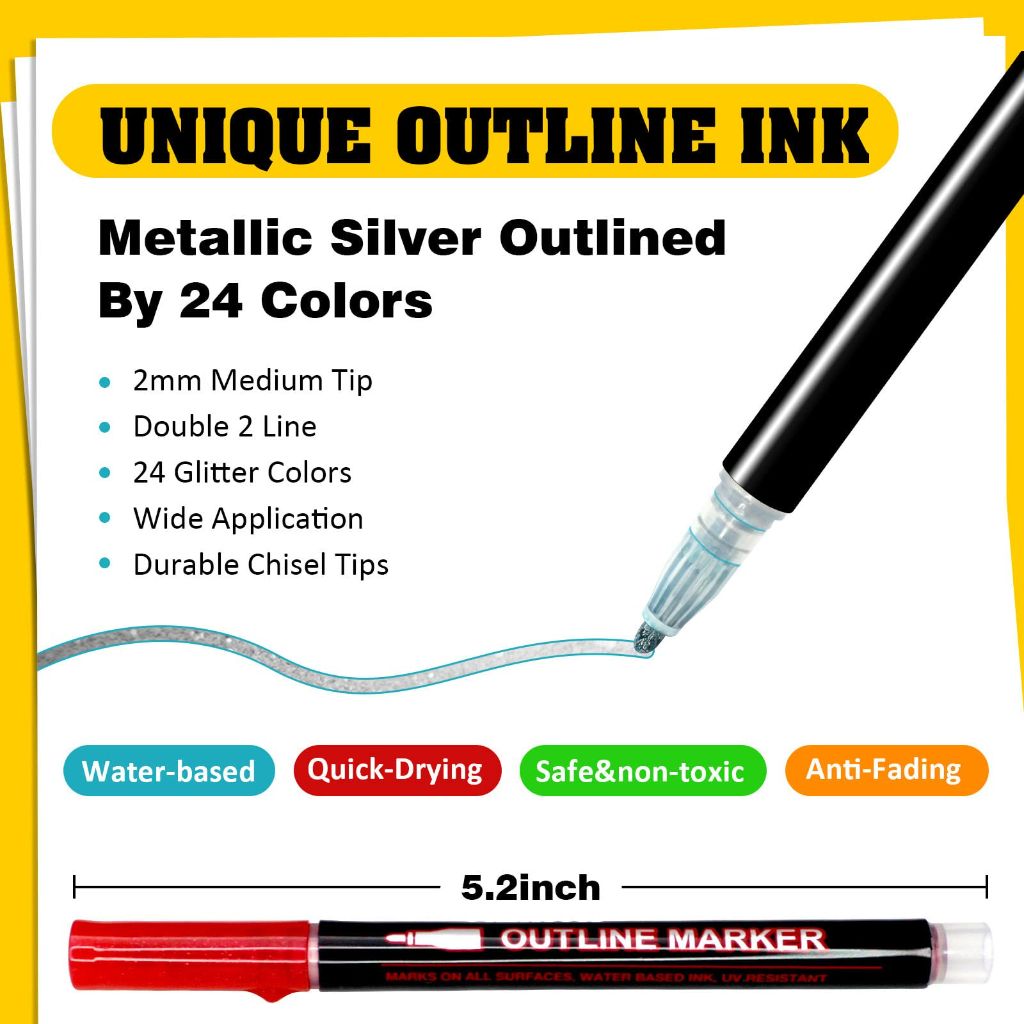 24 Colors Shimmer Markers Super Squiggles Outline Markers Set Double Line Outline Pens Self Outline Metallic Markers for Drawing