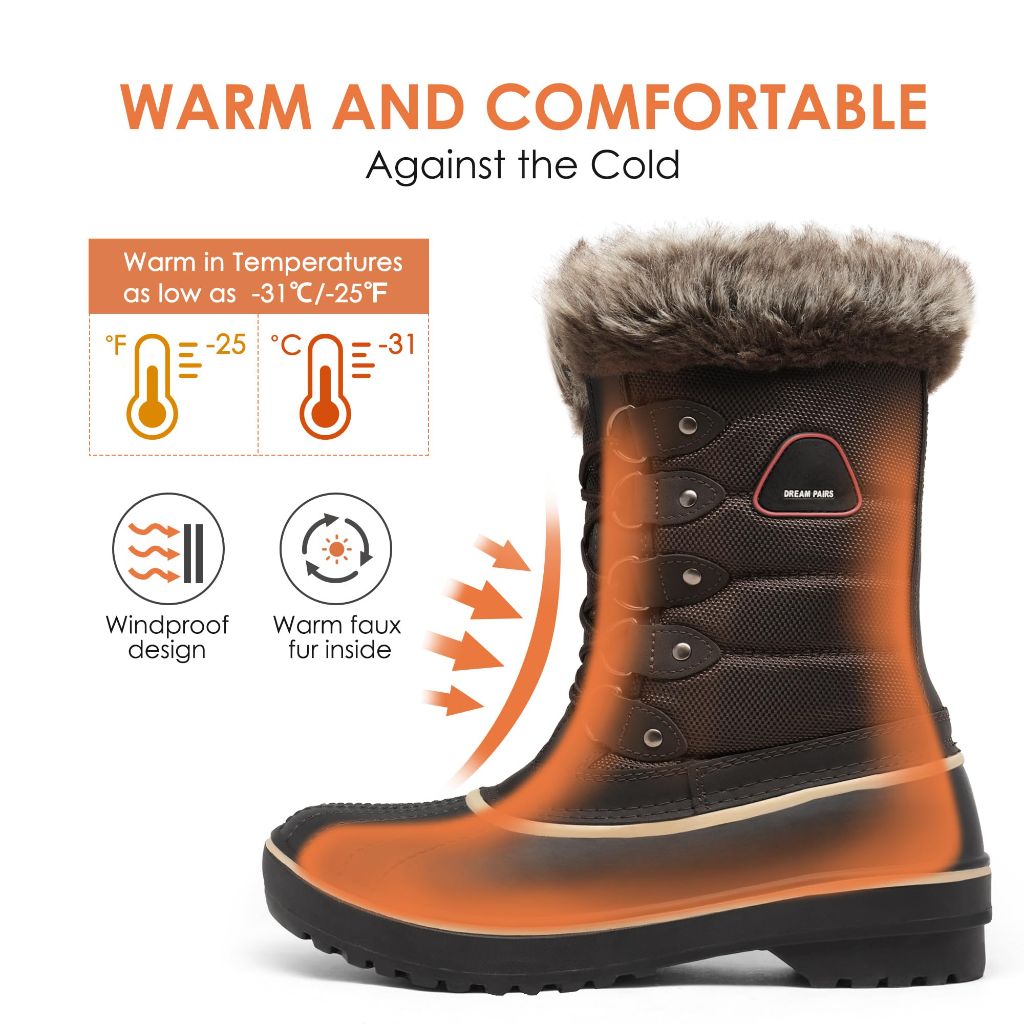 DREAM PAIRS Women's Snow Boots, Brown - Size 10