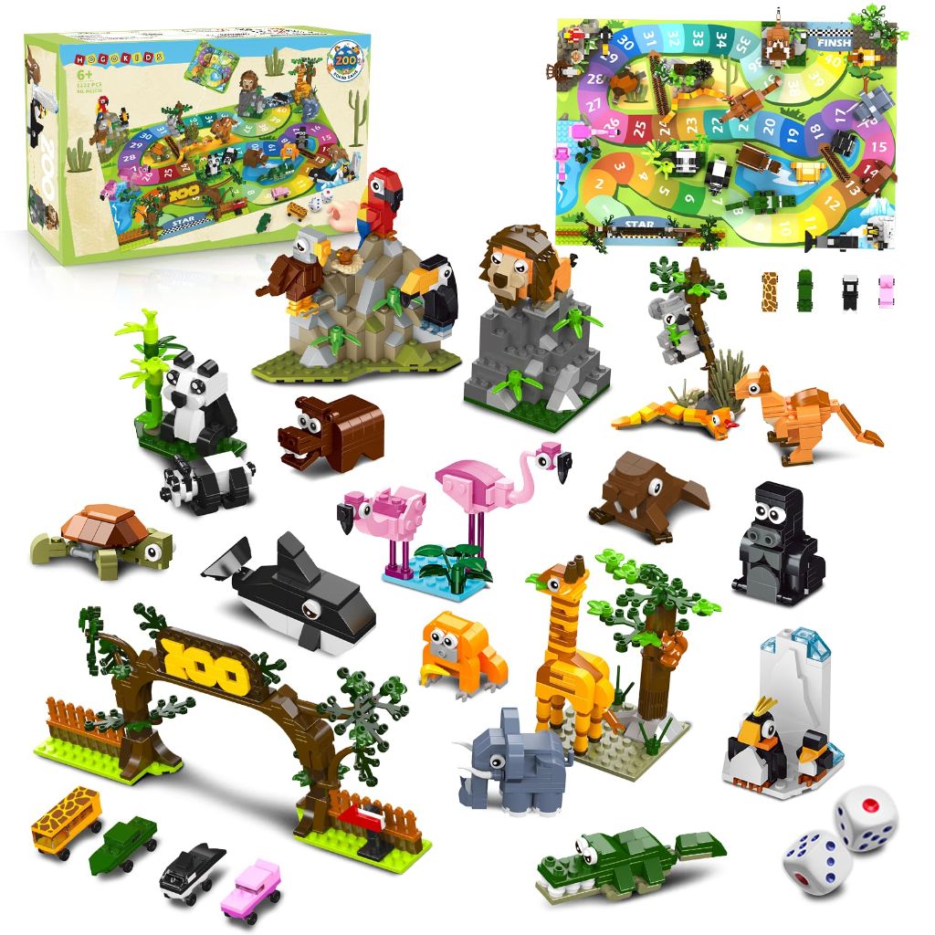 HOGOKIDS 23 Animals Valentines Party Favors for Kids Building Set - 2-in-1 Zoo Scene Board Game with Play Mat, 2 Dice, 4 Animal Cars, Valentines Classroom School Gifts for Kids Boys Girls 6+ Years Old