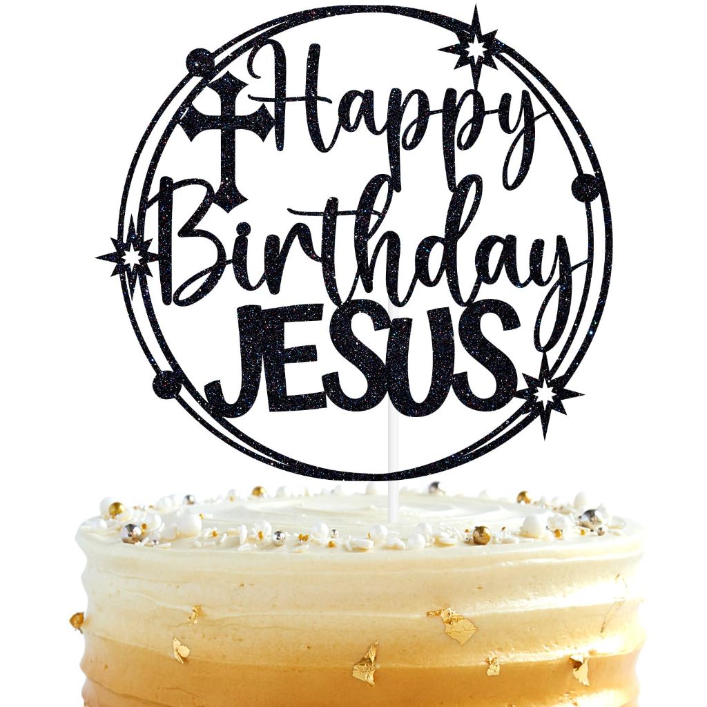 Black Glitter "Happy Birthday Jesus" Cake Topper (6" Diameter)