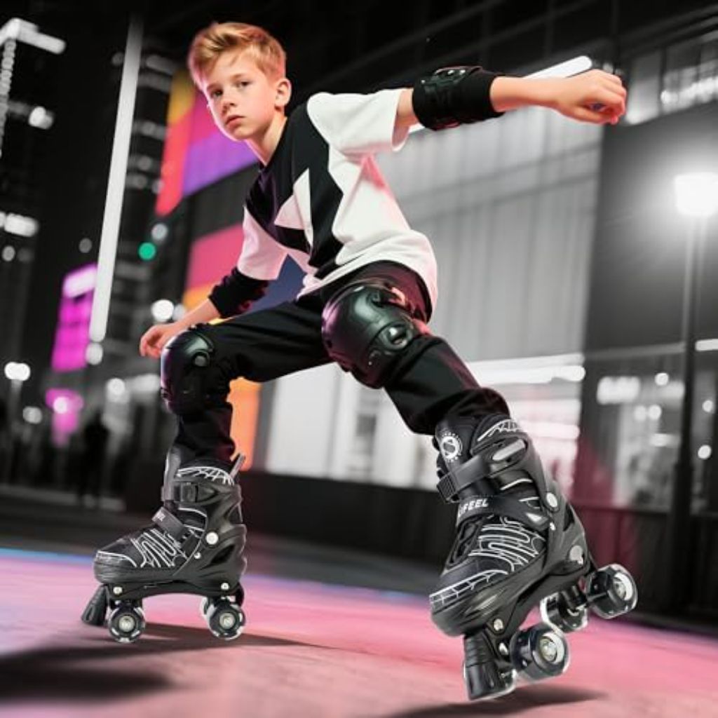 SULIFEEL Adjustable Kids Roller Skates with 4 Sizes, Light up Wheels - Spider Black, Medium (13C-3) *Damaged Box*