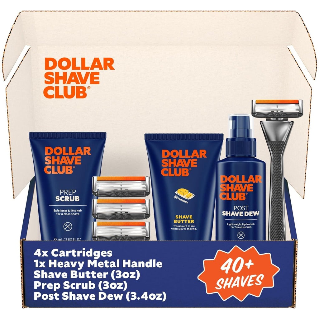 Dollar Shave Club Total Package Gift Set: 4 Refill Cartridges, 1 Handle, 1 Prep Scrub 3oz, 1 Shave Butter 3oz, 1 Post Shave Dew 3.4oz