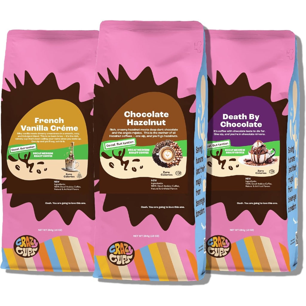 Crazy Cups Decaf Flavored Ground Coffee Variety Pack, Includes Chocolate Hazelnut, French Vanilla and Death by Chocolate, in 10 oz Bags, For Brewing Flavored Hot or Iced Decaf Coffee, Variety 3 Pack
