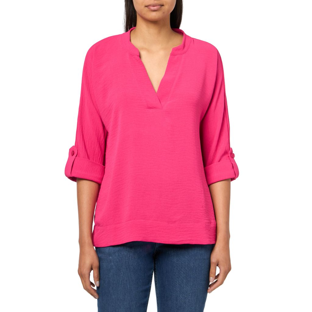 MULTIPLES,  Roll Tab Cuffed Dolman Sleeves Y-Neck Band Collar Top, ( Fuchsia XL)