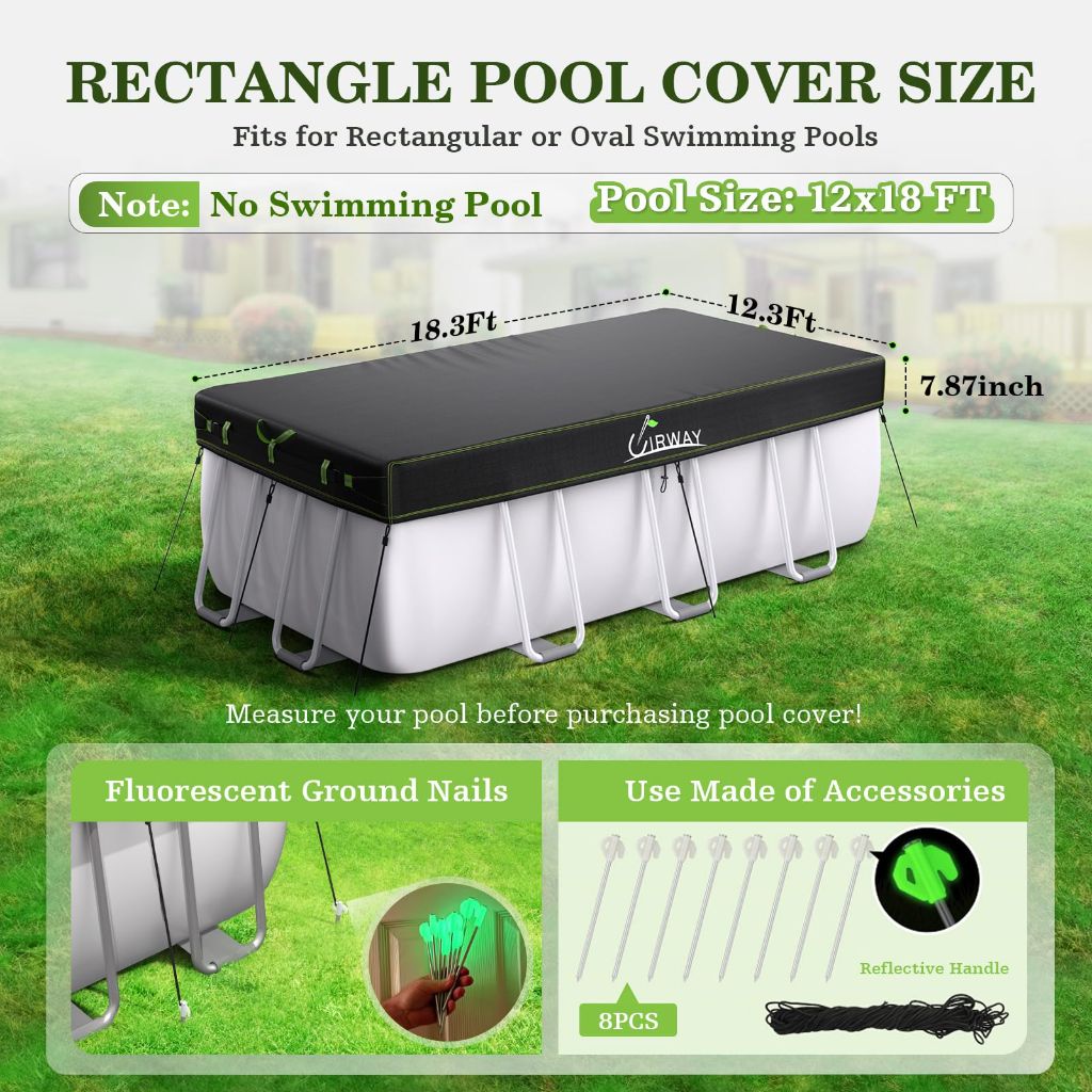 UIRWAY 12x18 FT Rectangular Pool Cover with Reflective Strips
