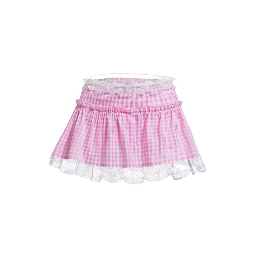 Burdorme Women's Ruffle Lace Trim Plaid Micro Skirt, Maid Lingerie Underwear, Pink, X-Large