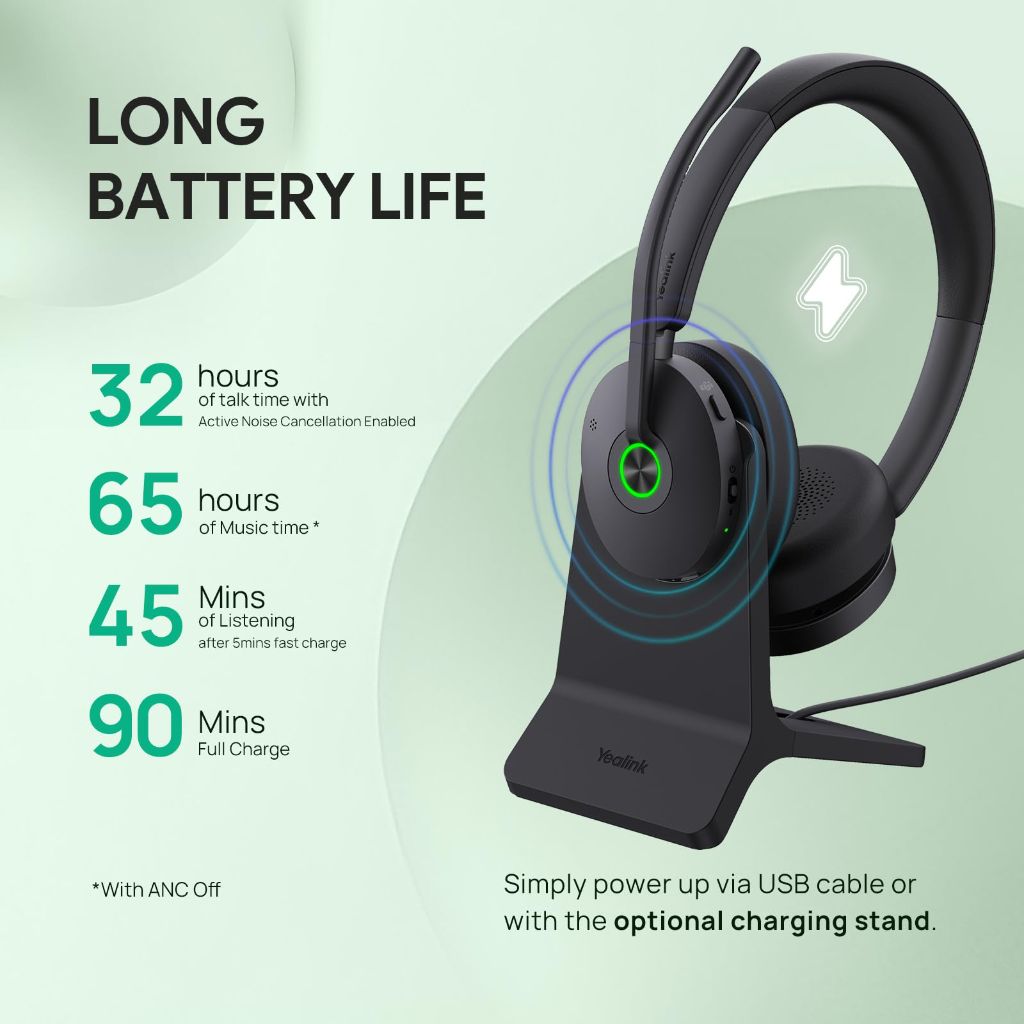 Yealink BH74 with Stand Active Noise Canceling Wireless Headset with Mic for Work, up to 32h Talk, UC Compatible