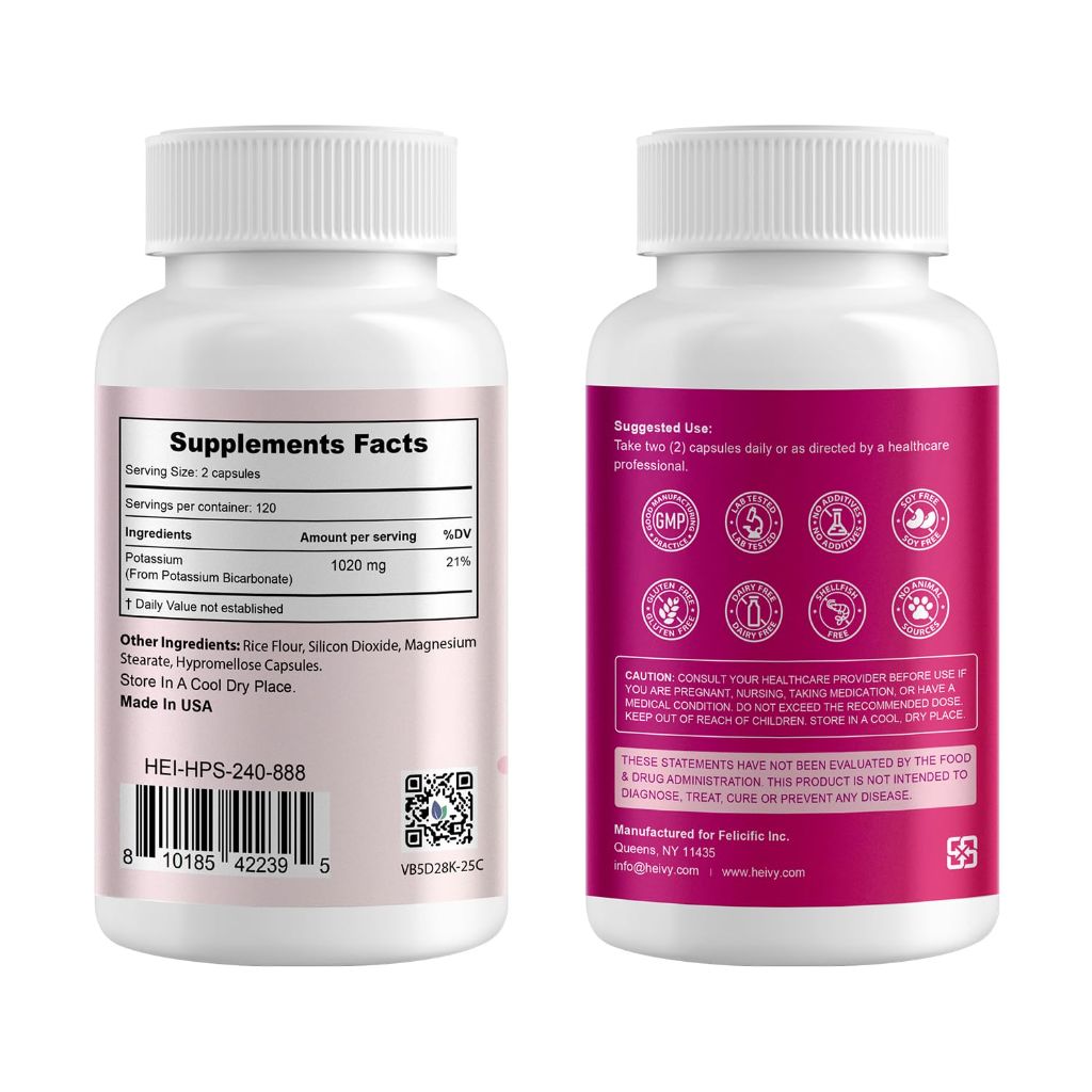 Heivy Potassium Supplement 1020 mg, Potassium Bicarbonate to Supports Muscle Function,  240 Veg Capsules