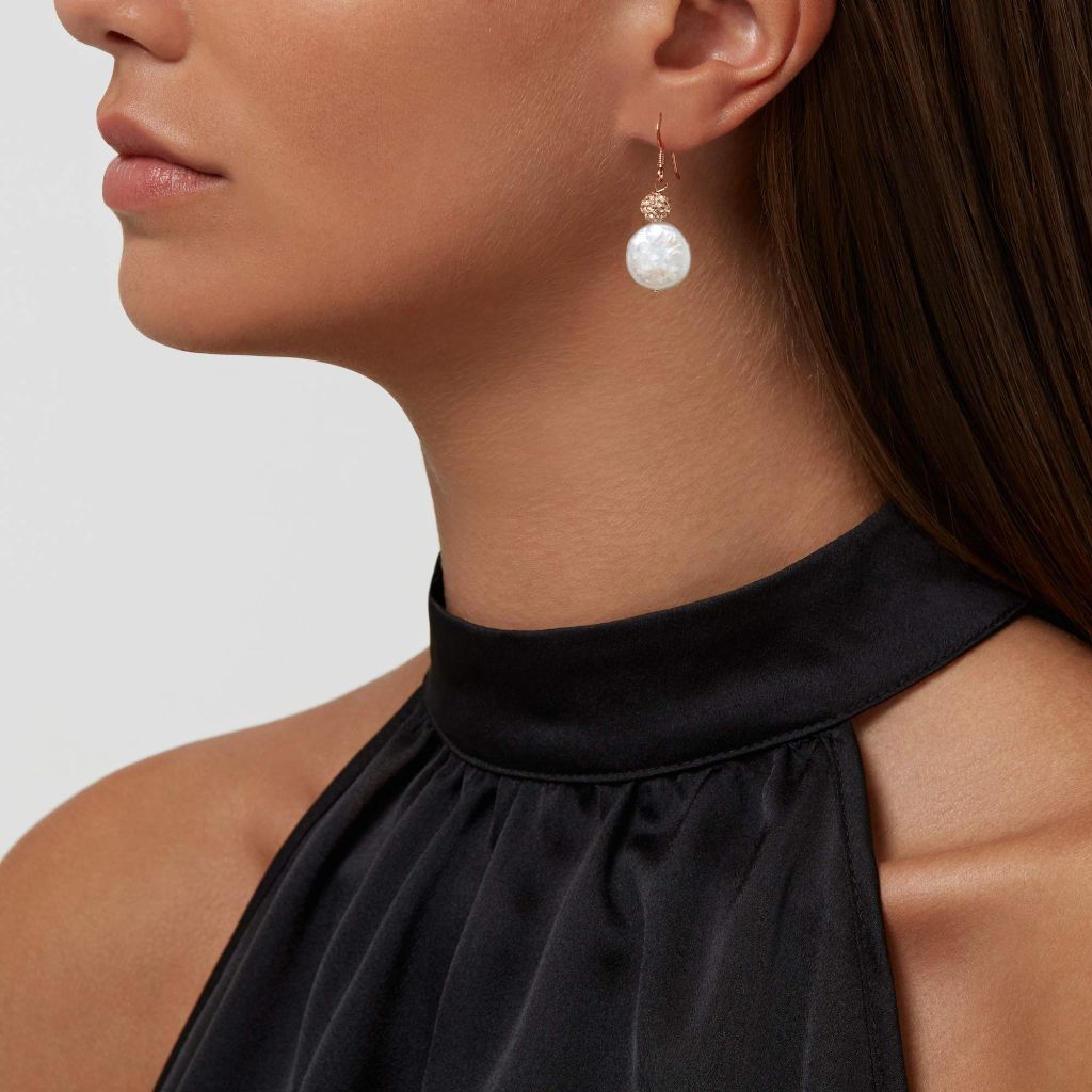 Kyoto Pearl White Freshwater Cultured Coin Pearl Drop Fish Hook Earrings Rose Gold Plated 925  (12mm)