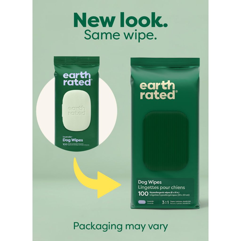 Earth Rated Dog Wipes, for Grooming Paws, Body and Butt, Lavender Scented, 100 Count
