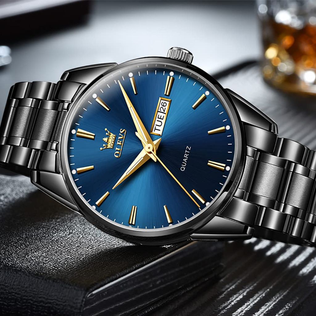 OLEVS Men's Stainless Steel Waterproof Analog Quartz Wrist Watch - Black Band, Deep Blue Face