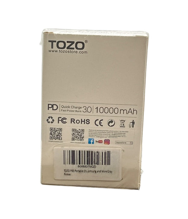 TOZO PB3 10000mAh Portable Power Bank Charger with USB-C Input/Output - Gray