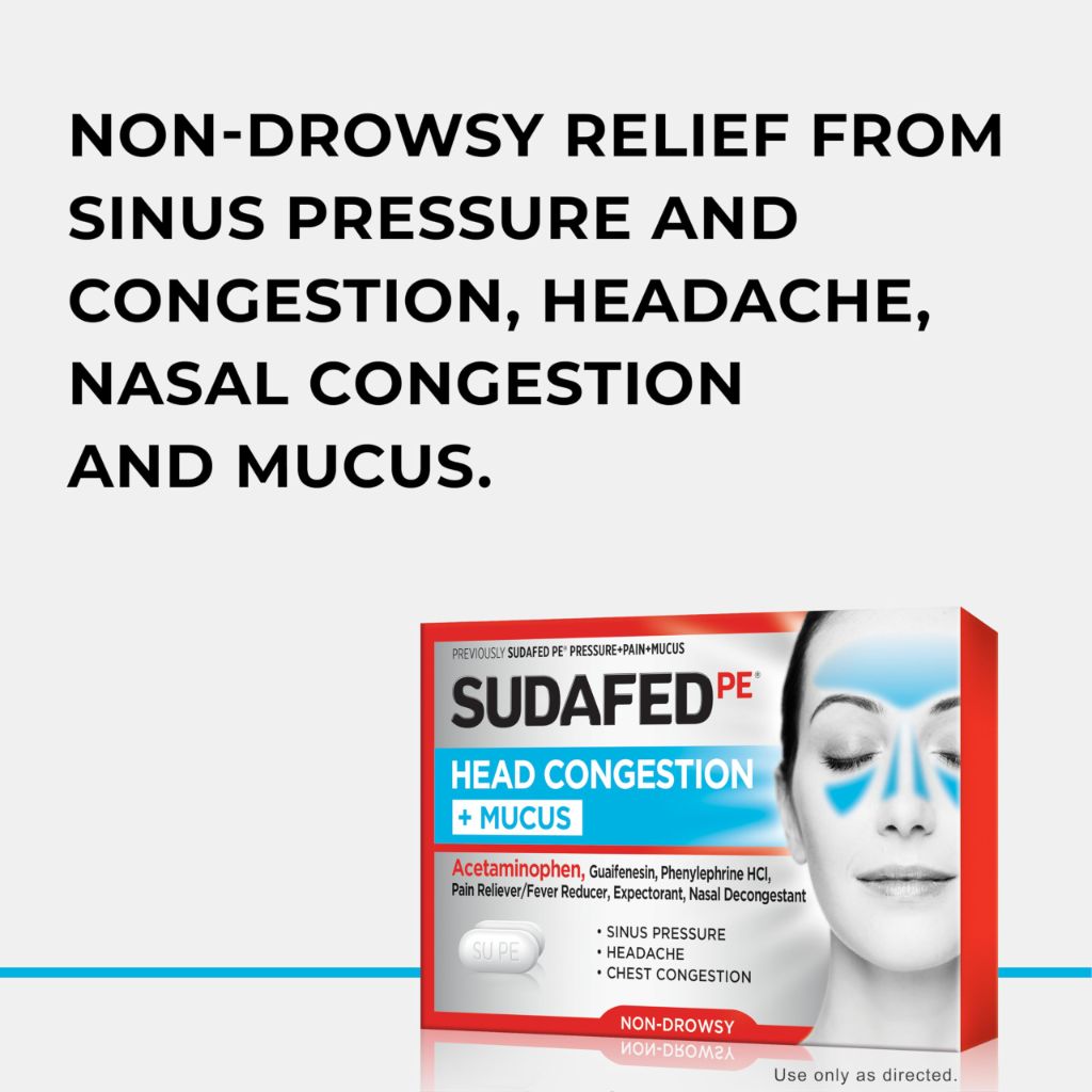 Sudafed PE Head Congestion + Mucus Tablets for Sinus Pressure, Pain & Congestion, 24 ct