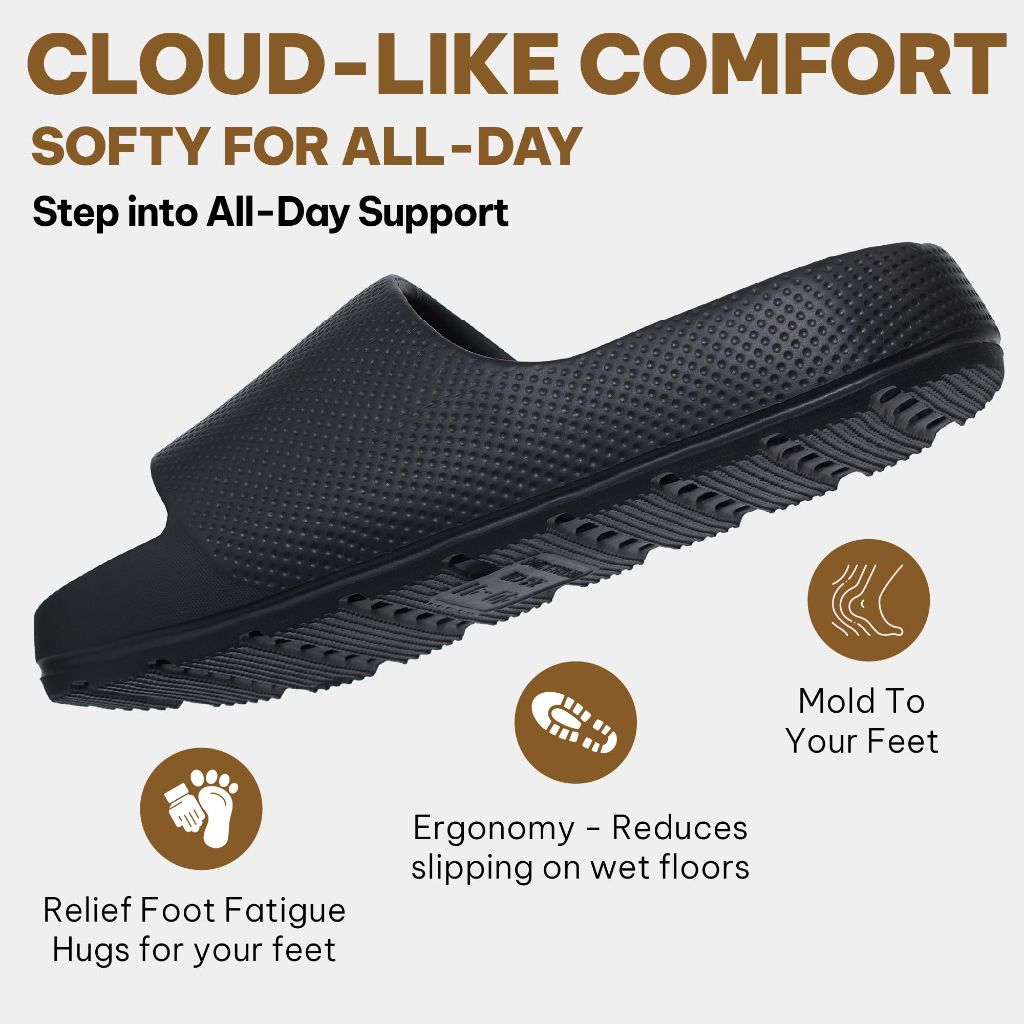 Shondo Pillow Slippers for Women and Men - Non-Slip Cloud Slides Arch Support (M6-7/W8-9) Black
